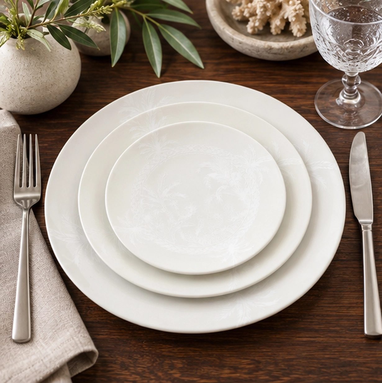 neutral palm collection china set in fine dining setting