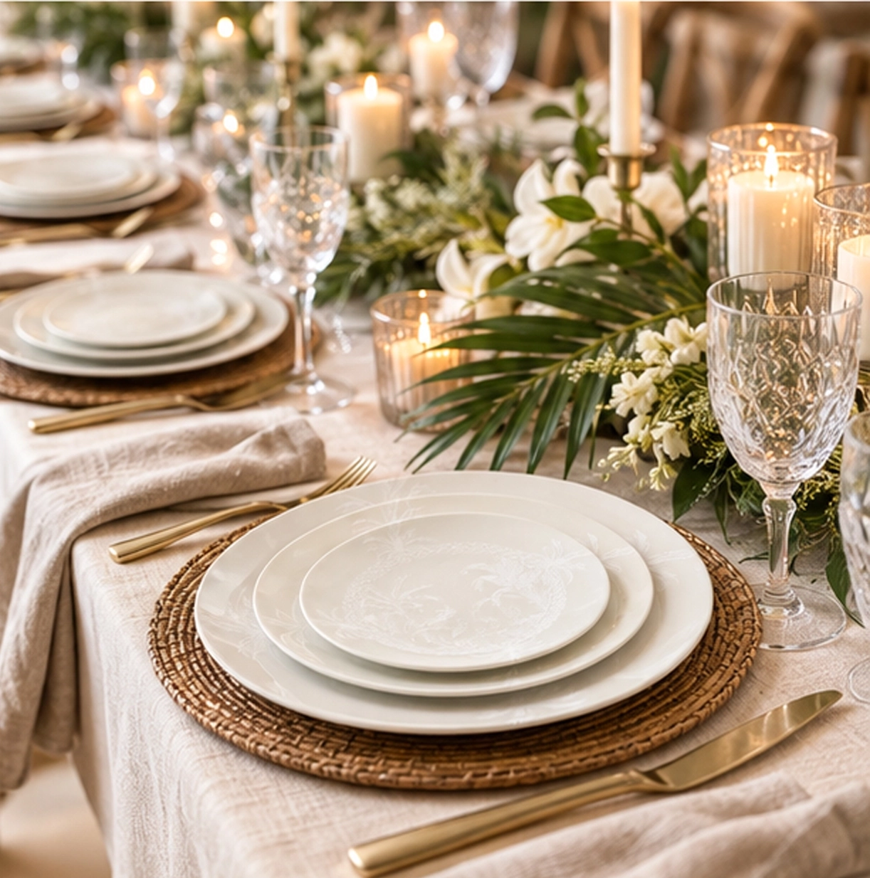 neutral palm collection china set in formal event tablescape