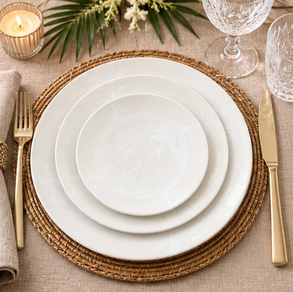 neutral palm collection china set in wedding reception tablescape