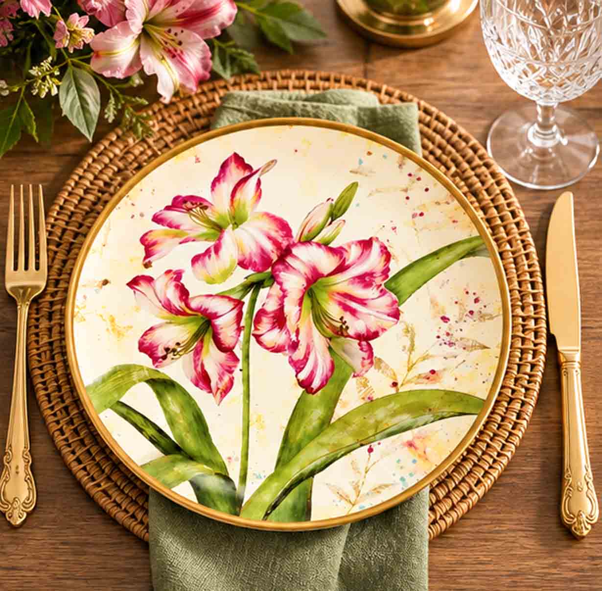 pink lilly 10 inch china plate in tropical botanical tablescape