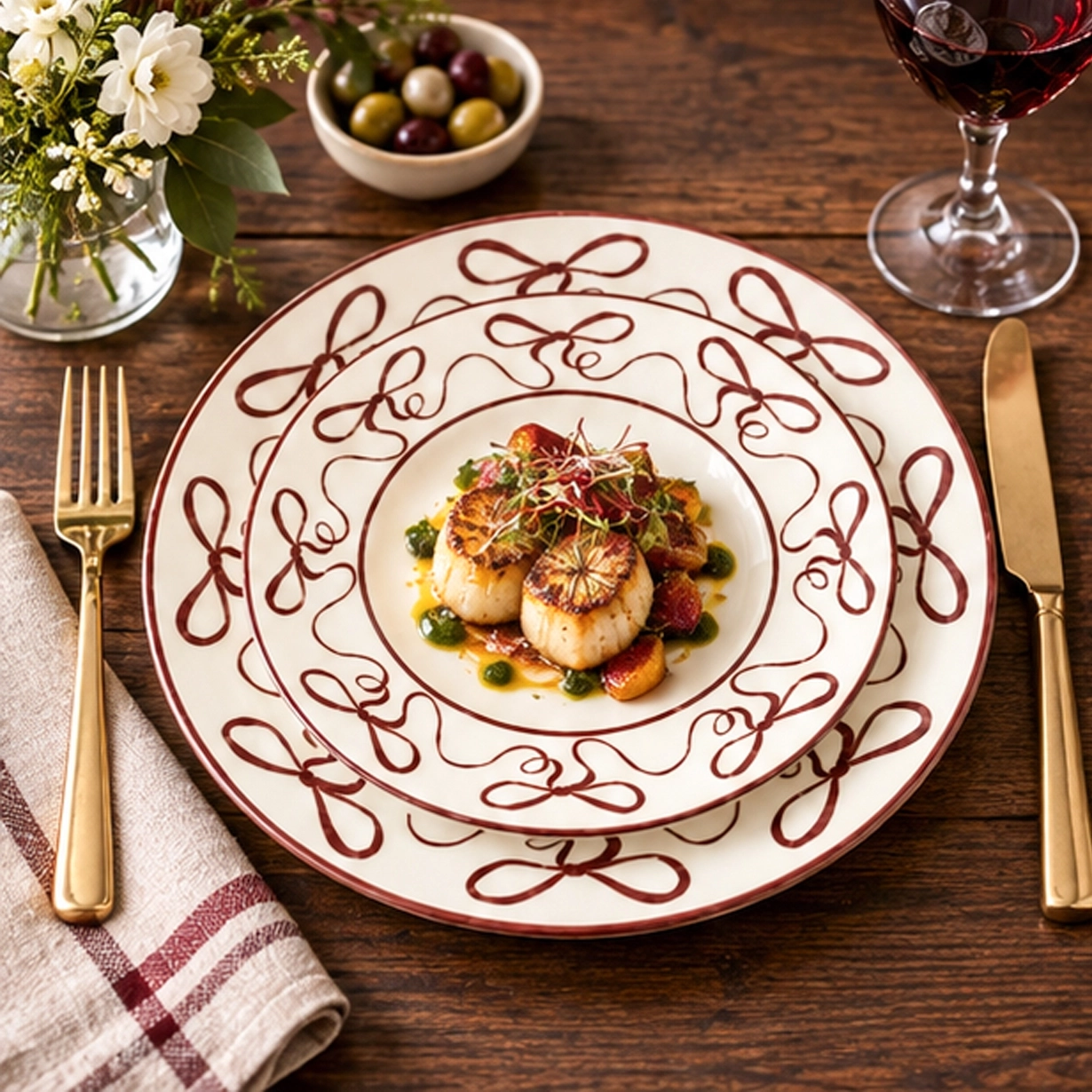 red bow collection china set in fine dining setting