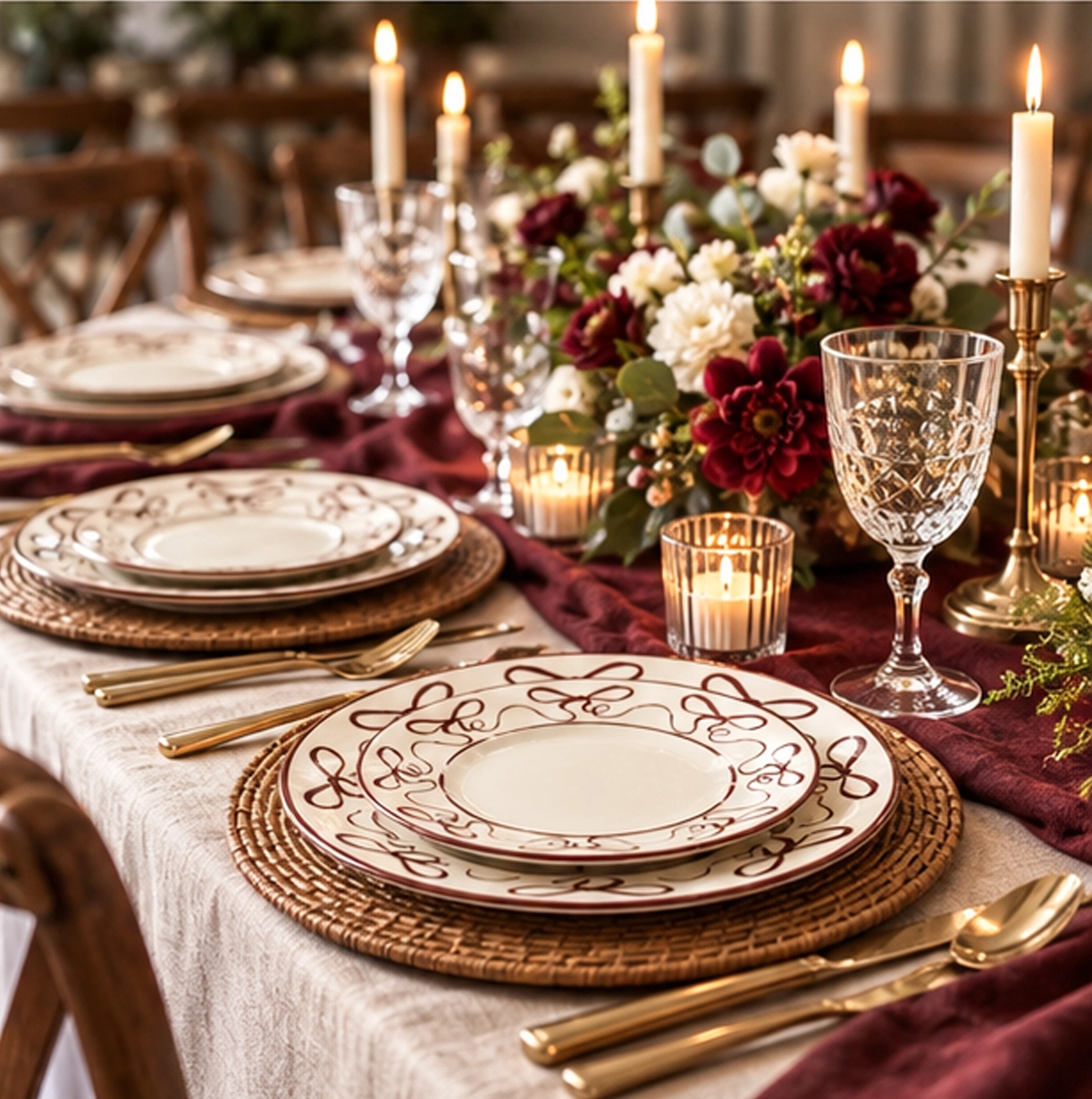 red bow collection china set in formal event tablescape