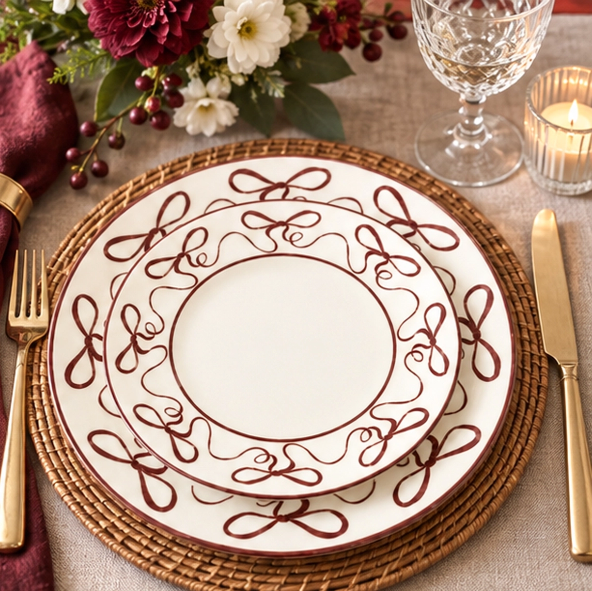 red bow collection china set in wedding reception tablescape