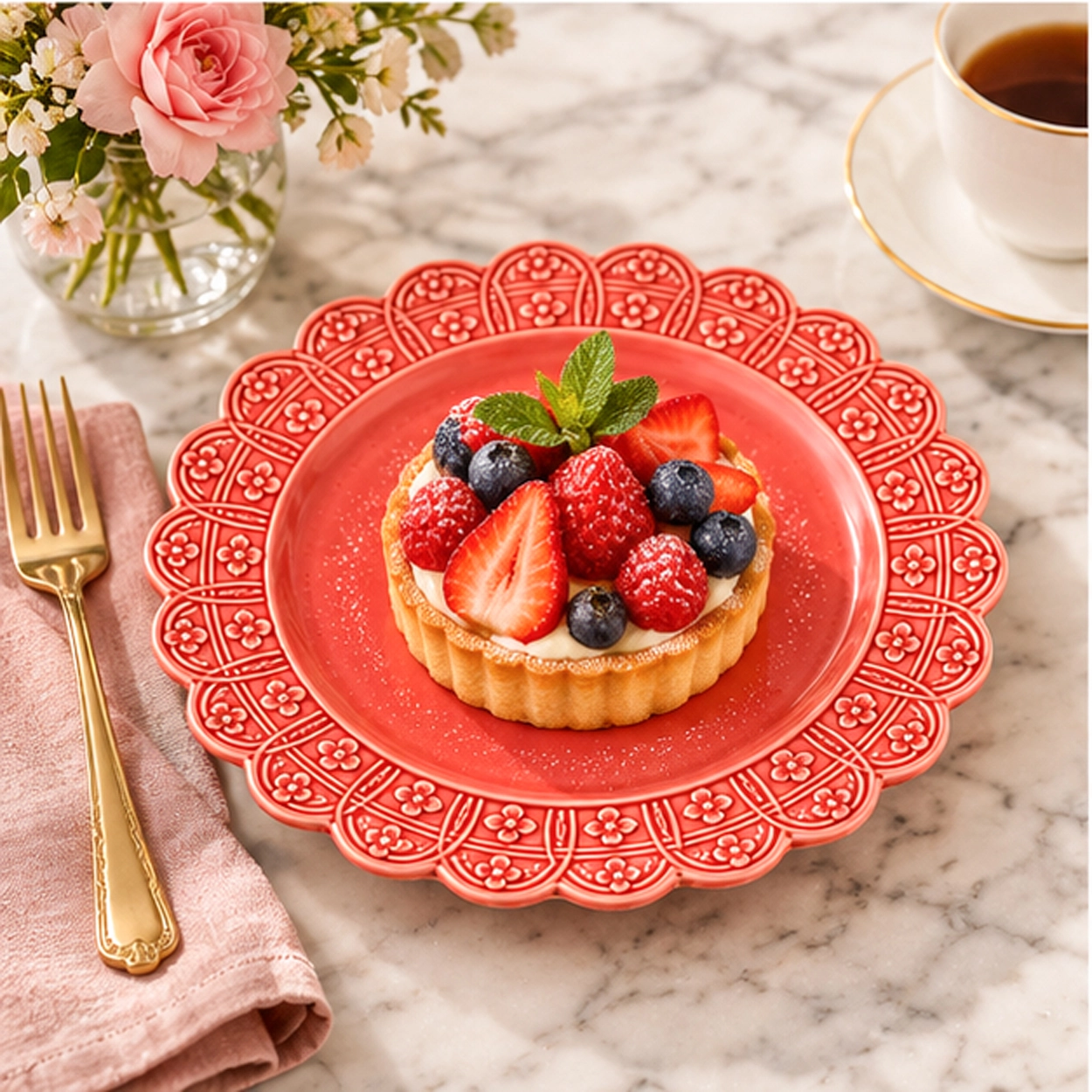 scallop raised floral pink 10inch china plate in fine dining setting