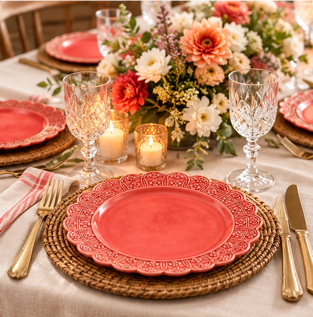 scallop raised floral pink 10inch china plate in formal event tablescape