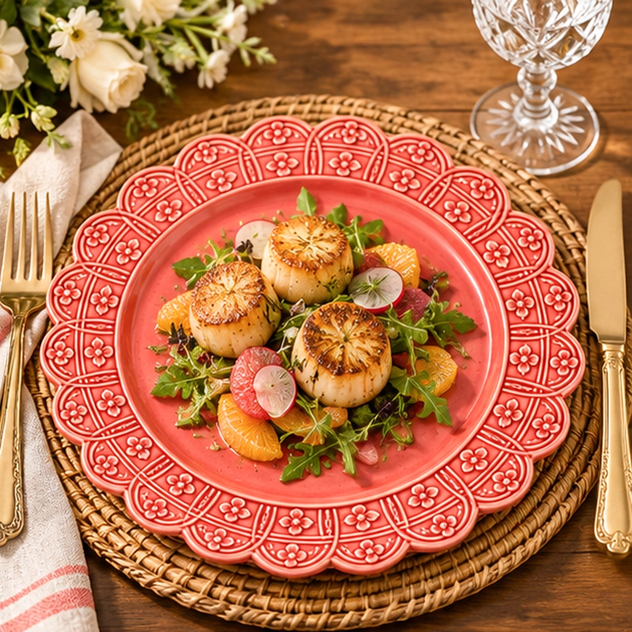 scallop raised floral pink 10inch china plate in rustic tablescape