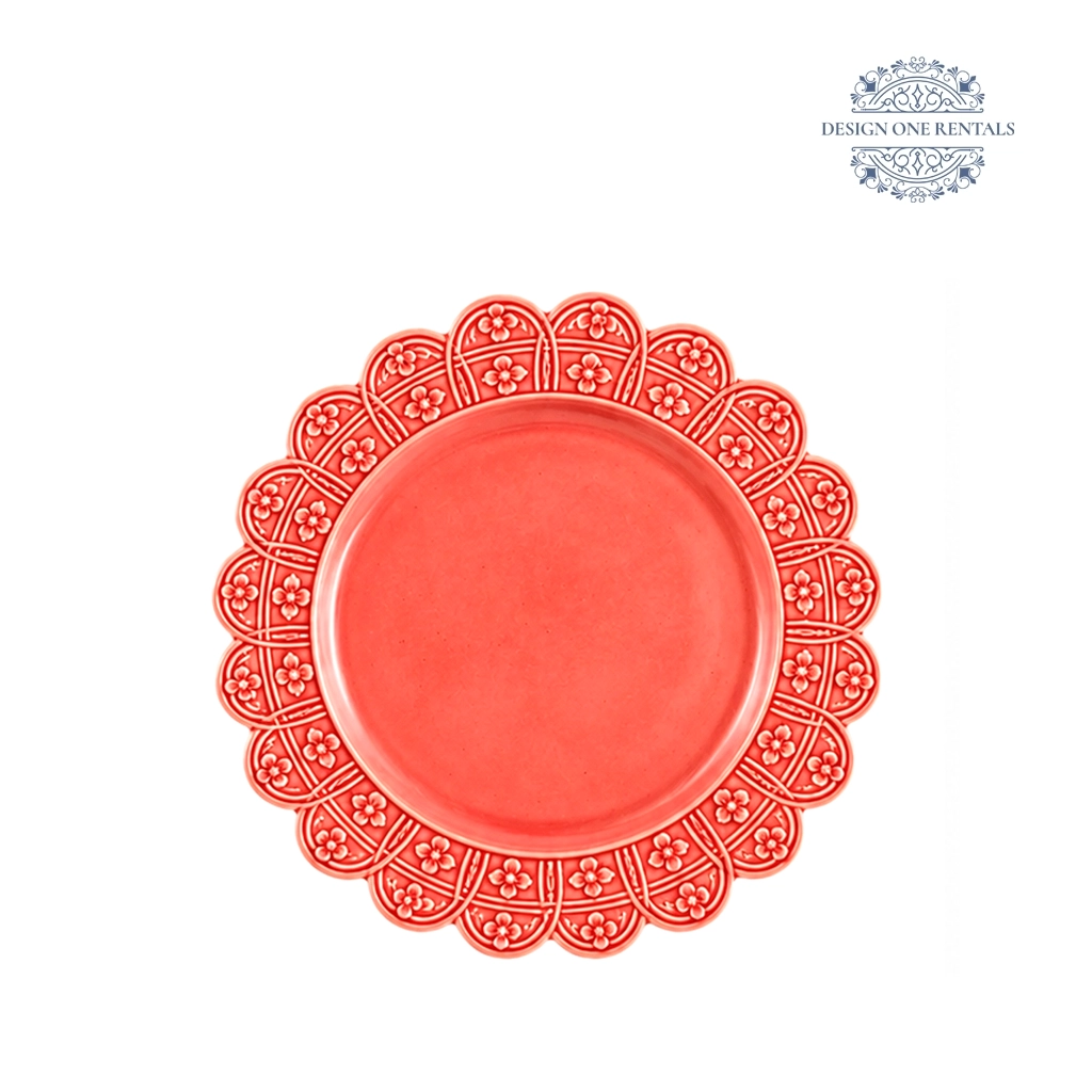 scallop raised floral pink 10inch china plate in white background