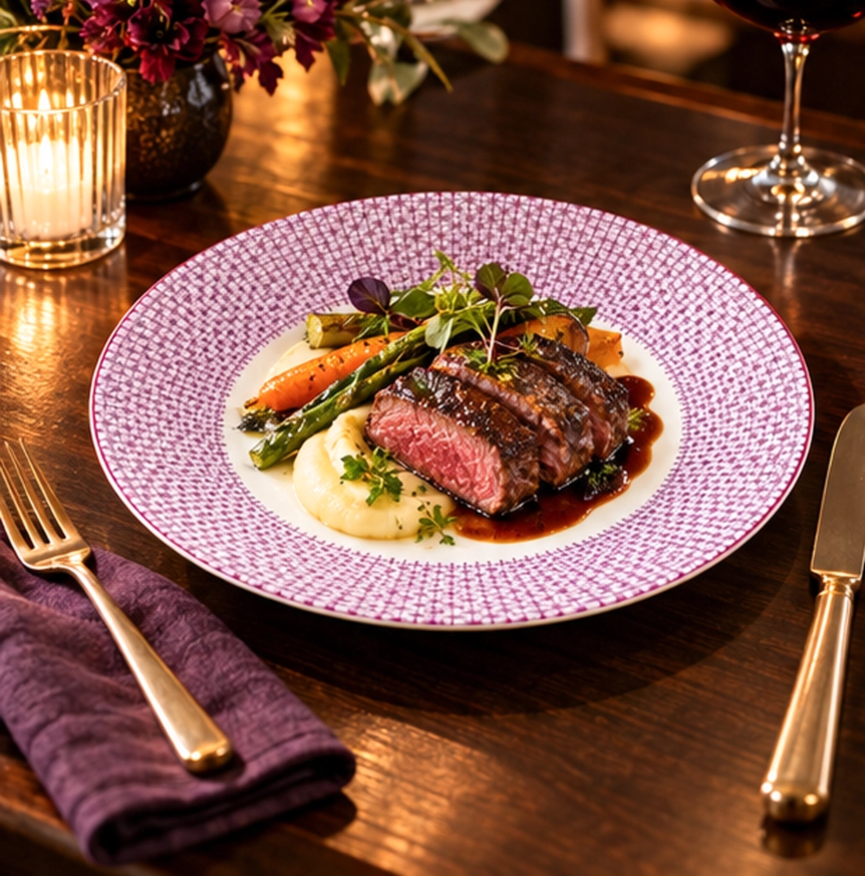 trieste pink collection china set in fine dining setting