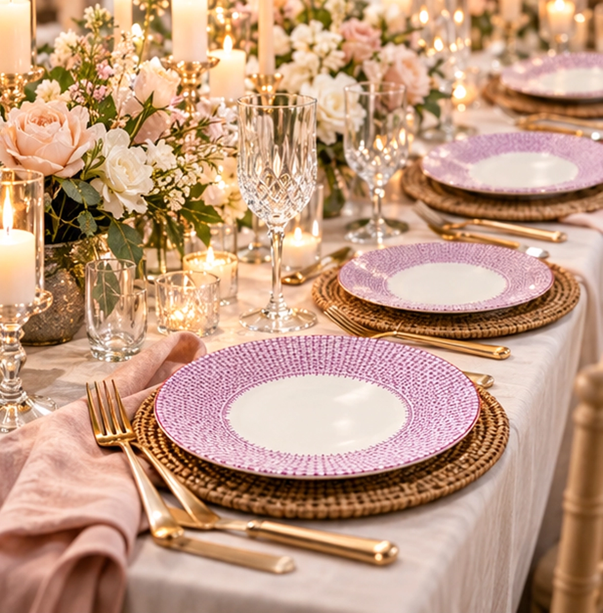 trieste pink collection china set in formal event tablescape